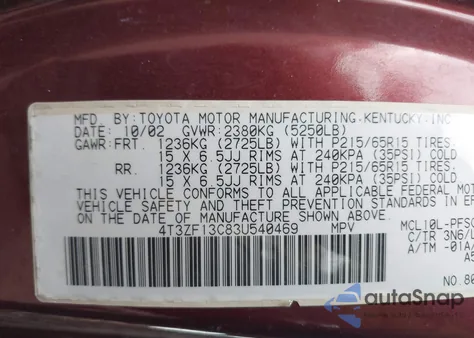 2003 Toyota Sienna Xle z USA, uszkodzony, nr VIN 4T3ZF13C83U540469